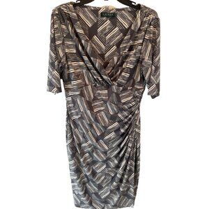 Lauren Ralph Lauren Gray White Patterned Faux Wrap Ruched Jersey Dress Classic